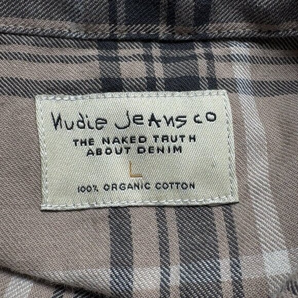 NUDIE JEANS CO Men Chuck Plaid Twill Shirt Sz L Brown Button Front Checker 23-7 - Picture 7 of 11